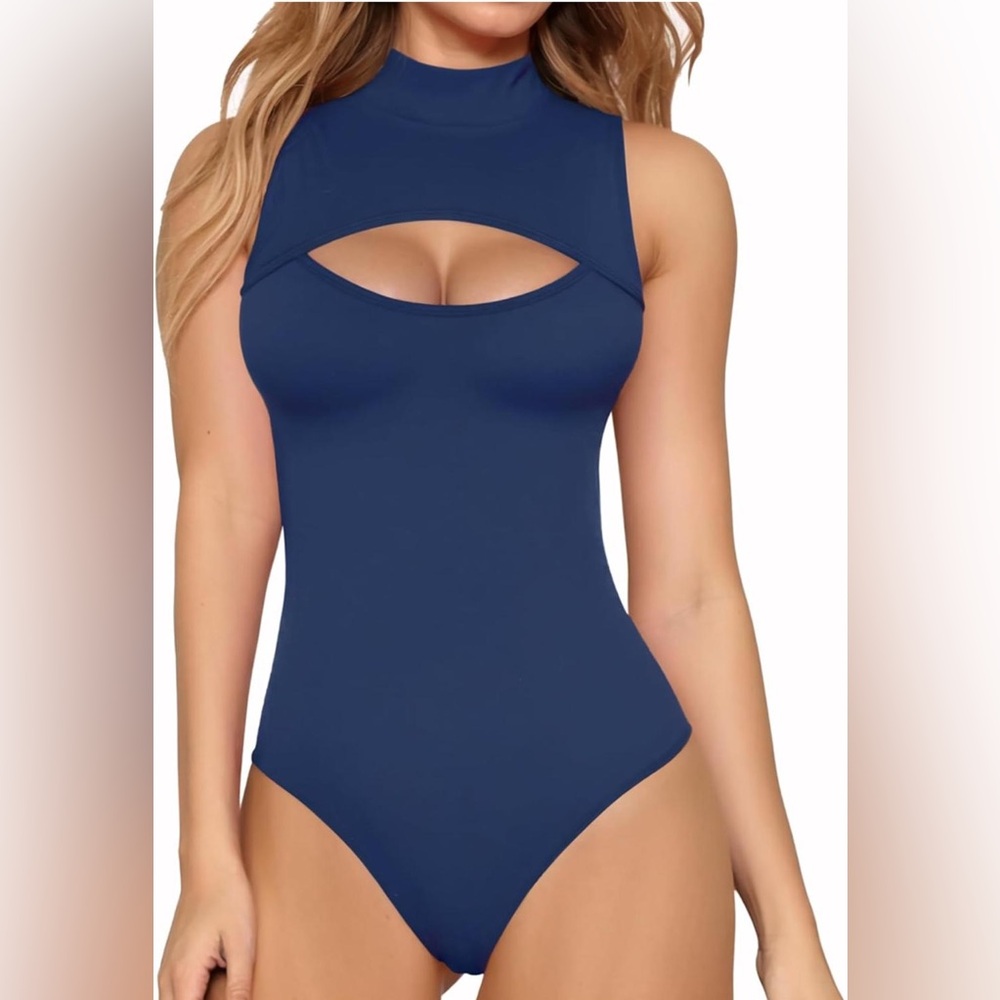 MANGOPOP Mock Neck Cutout Front Bodysuit Sleeveless Turtle Neck Sexy Tops XL
